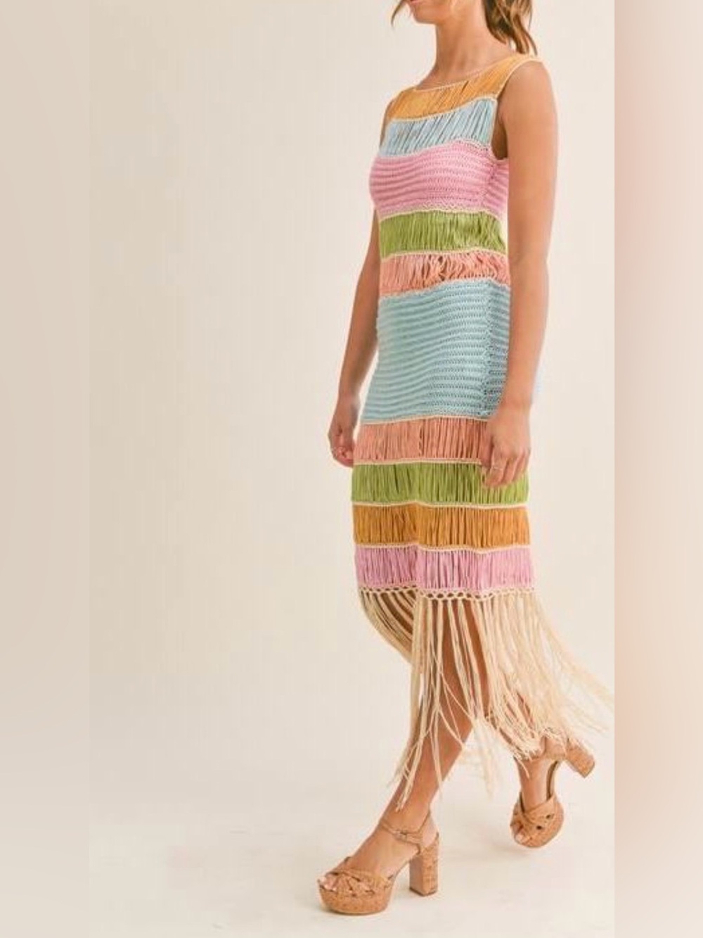Crochet Fringed Striped Knit Midi Dress in Multicolor - Picture 8 of 10